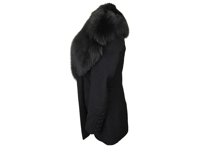 Burberry Black Wool Cashmere Double Button Fox Fur Collar Coat - view 3