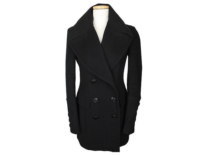 Burberry Black Wool Cashmere Double Button Fox Fur Collar Coat - view 5