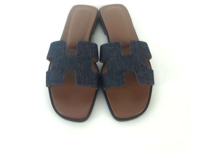 Hermès Sandali Oran in denim Blu - vista 4