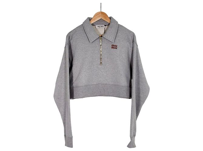 Miu Miu Luxuriöses Biar Oversized Sweatshirt mit Reißverschlusskragen Grau Braun - Ansicht 3