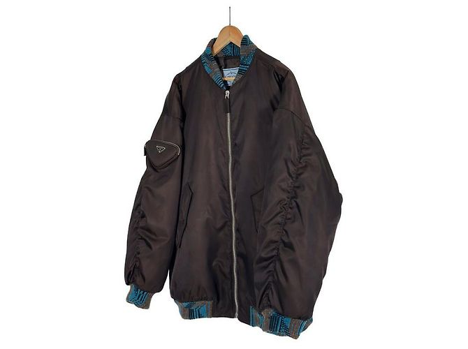 Prada Jaqueta bomber de malha com bolso de nylon e logo triangular Raf Simons marrom - vista 2
