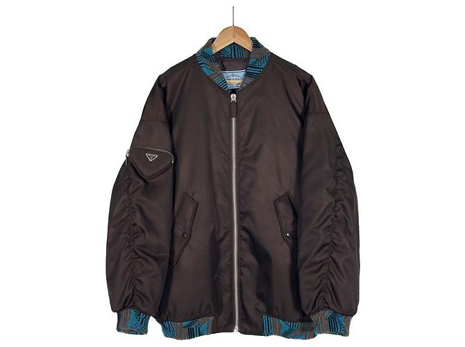 Prada Jaqueta bomber de malha com bolso de nylon e logo triangular Raf Simons marrom - vista 3