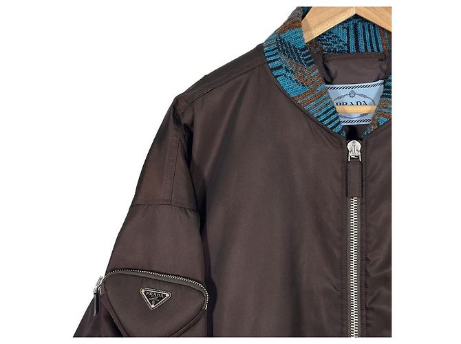 Prada Jaqueta bomber de malha com bolso de nylon e logo triangular Raf Simons marrom - vista 5