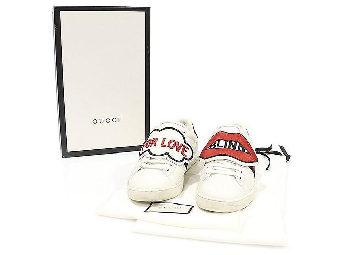 Gucci White Leather BLIND FOR LOVE Lip Patch Ace Women's Sneakers Bianco - vista 2