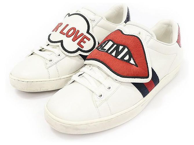 Gucci White Leather BLIND FOR LOVE Lip Patch Ace Women's Sneakers Bianco - vista 3