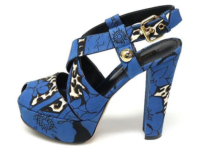 Louis Vuitton Sandali da donna con piattaforma e motivo leopardato in tessuto blu e fiore - vista 4