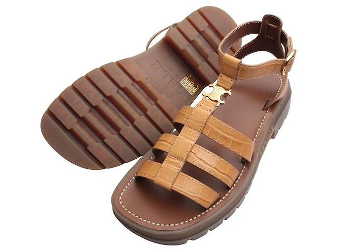 Céline Camel Wani Pattern Strap Sandals Brown - view 3