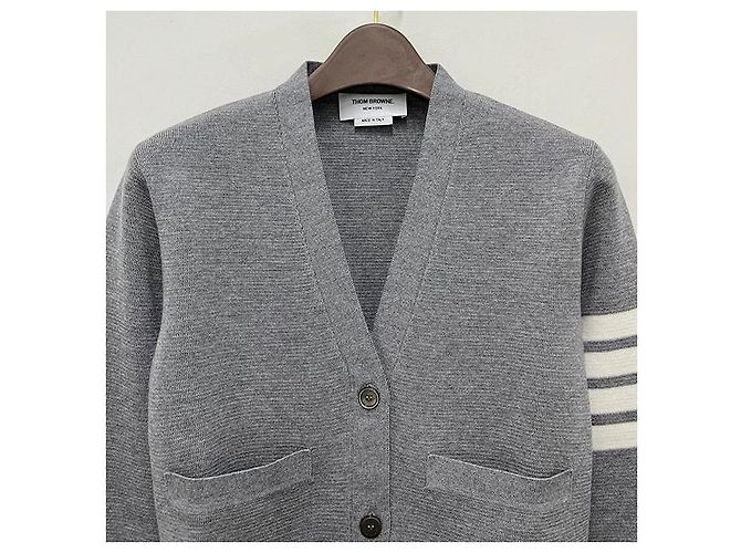 Thom Browne Cárdigan Diagonal Milano Gris Claro Castaño - vista 4