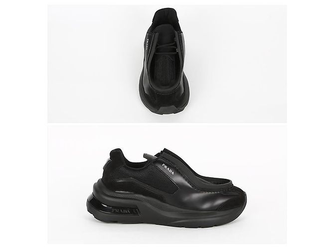 Prada Bürstete Leder-Sneaker Schwarz - Ansicht 9
