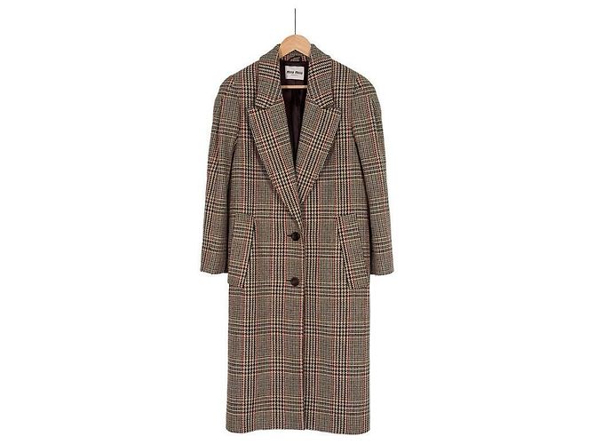 Miu Miu Luxury Biar Female Back Logo Wool Plaid Oversized Check Long Coat Rust Orange - view 3