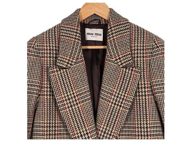 Miu Miu Luxury Biar Female Back Logo Wool Plaid Oversized Check Long Coat Rust Orange - view 5