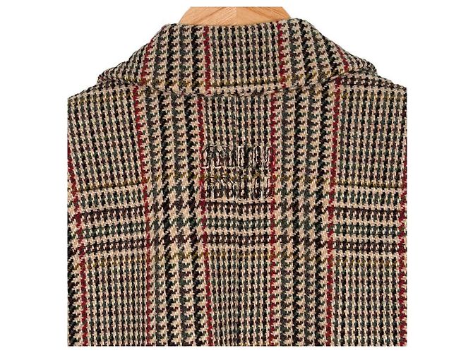 Miu Miu Luxury Biar Female Back Logo Wool Plaid Oversized Check Long Coat Rust Orange - view 9