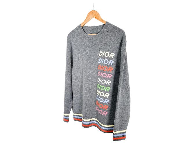 Dior Herrenpullover aus Wolle und Kaschmir mit mehreren Logos in Grau Braun - Ansicht 2