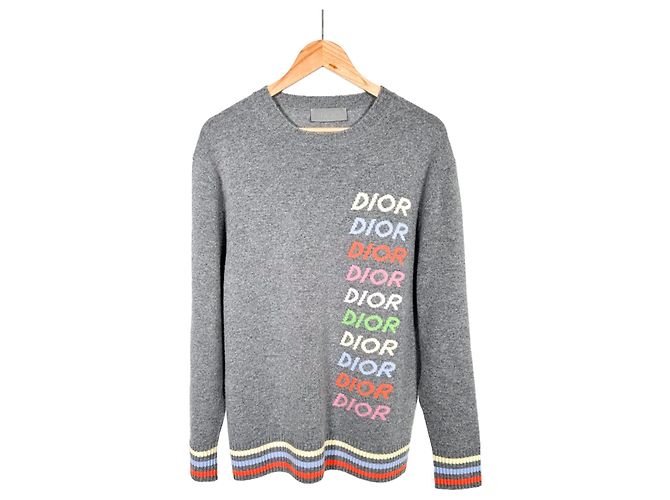 Dior Herrenpullover aus Wolle und Kaschmir mit mehreren Logos in Grau Braun - Ansicht 3