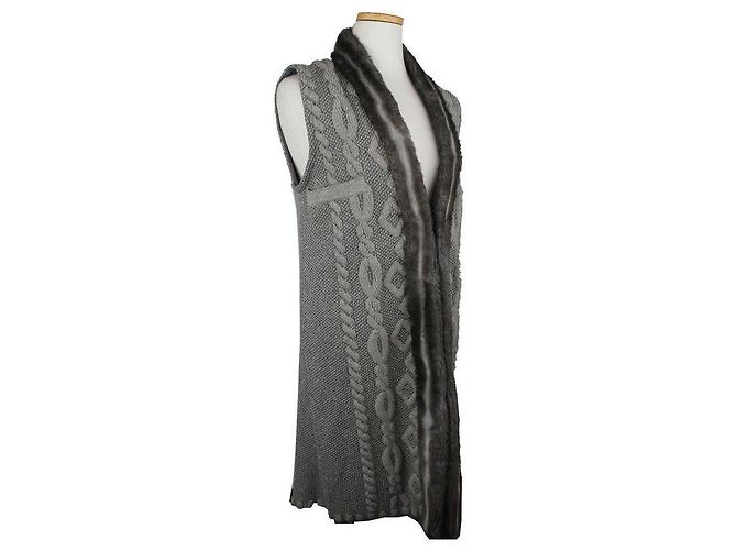 Escada Strickweste aus metallisch silbernem Wollmix mit Rex-Fell - Ansicht 2