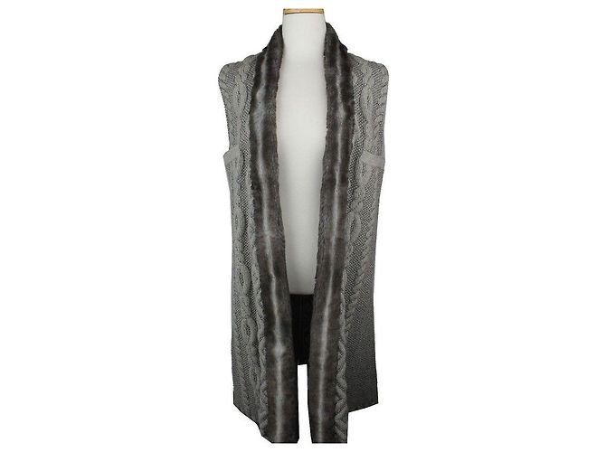 Escada Strickweste aus metallisch silbernem Wollmix mit Rex-Fell - Ansicht 5