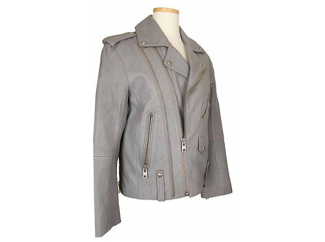 Zadig & Voltaire Asymmetrische Bikerjacke aus grauem Lammleder XS Braun - Ansicht 2