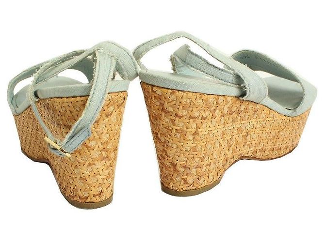 Chanel Sandali wedge intrecciati con logo CC in denim dorato Blu - vista 4