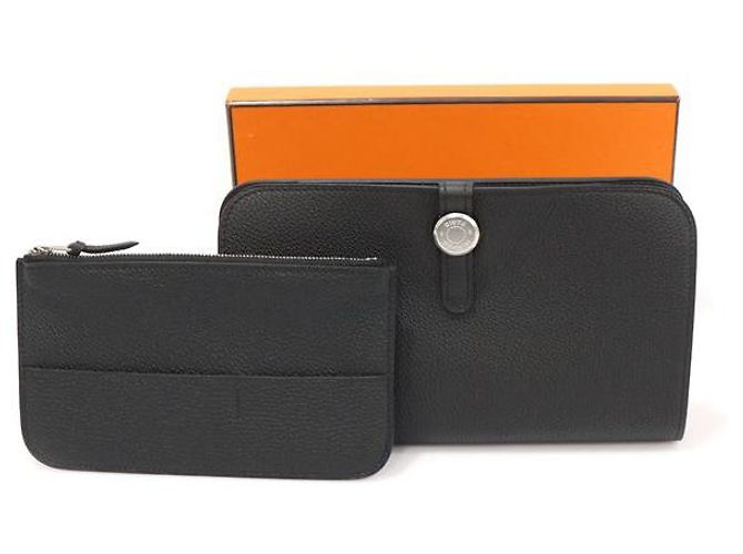 Dogon Hermès Cartera Larga Duo Plata de Cuero Togo Negro - vista 3