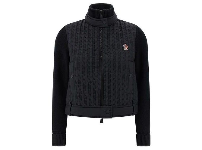 Moncler Cardigã de lã acolchoado com patch logo Grenoble Preto - vista 4