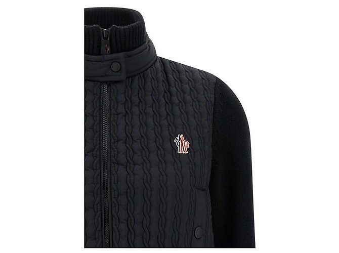 Moncler Cardigã de lã acolchoado com patch logo Grenoble Preto - vista 6
