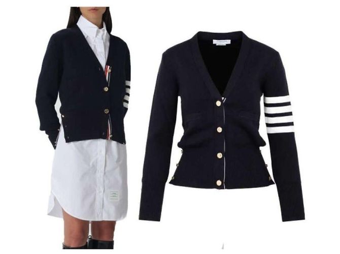 Thom Browne Cardigan V-Neck Milano Blu Navy - vista 7