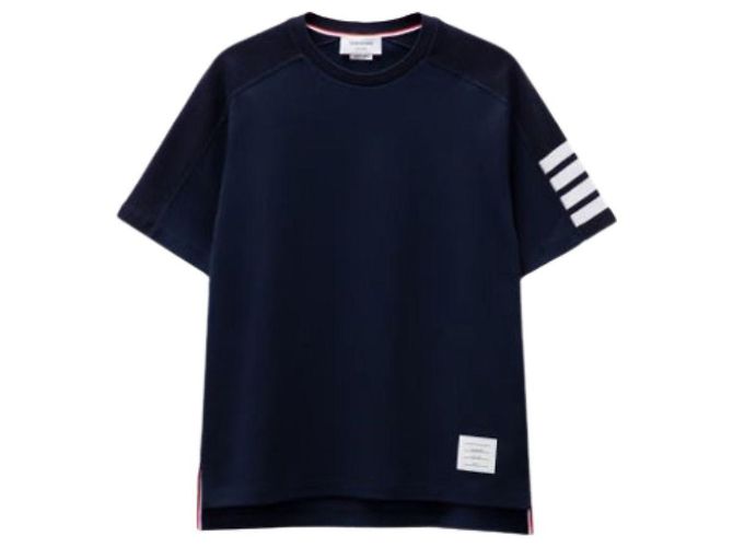 Thom Browne Kurzarm-T-Shirt in Marineblau mit diagonaler Logo: - Ansicht 2