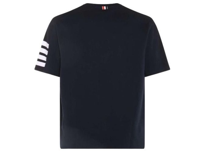 Thom Browne Kurzarm-T-Shirt in Marineblau mit diagonaler Logo: - Ansicht 3