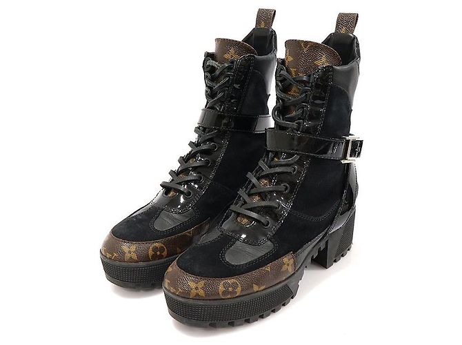Louis Vuitton Schwarze Wildleder-Monogramm-Canvas-Plattform-Winterstiefel Braun - Ansicht 2