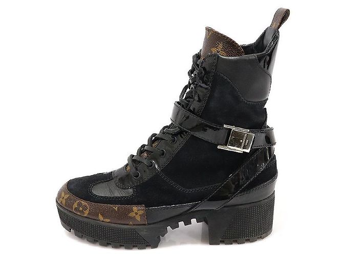 Louis Vuitton Schwarze Wildleder-Monogramm-Canvas-Plattform-Winterstiefel Braun - Ansicht 3