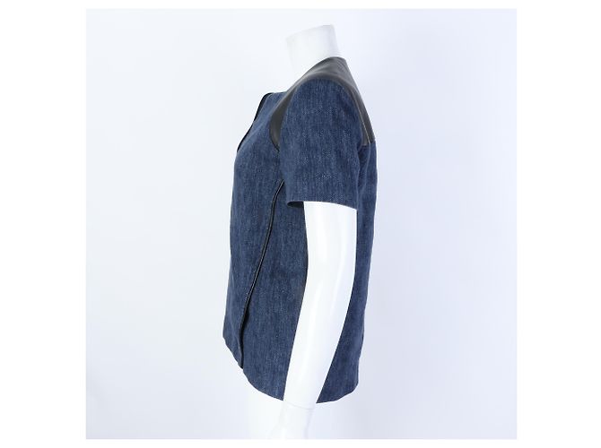 Leinen-T-Shirt mit kurzen Ärmeln und Lederbesatz von Hermès Blau - Ansicht 2