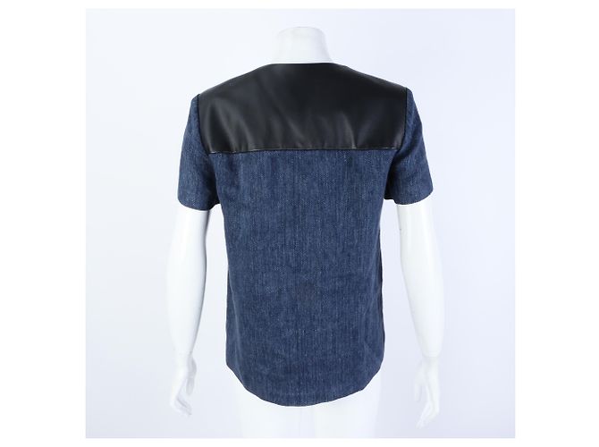 Leinen-T-Shirt mit kurzen Ärmeln und Lederbesatz von Hermès Blau - Ansicht 3