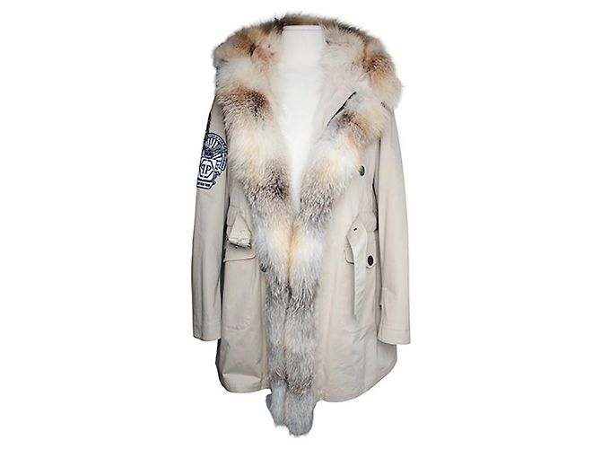 Philipp Plein Herren-Canvas-Mantel mit Fuchs-Futter Braun - Ansicht 2