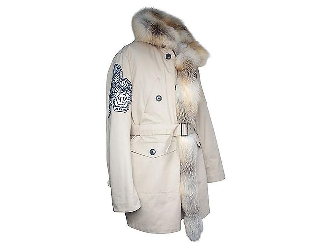 Philipp Plein Herren-Canvas-Mantel mit Fuchs-Futter Braun - Ansicht 4