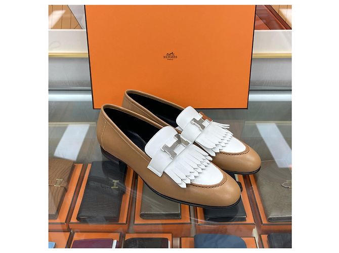 Hermès Mocassini Reali Bicolore Bianco Naturale Argento - vista 3