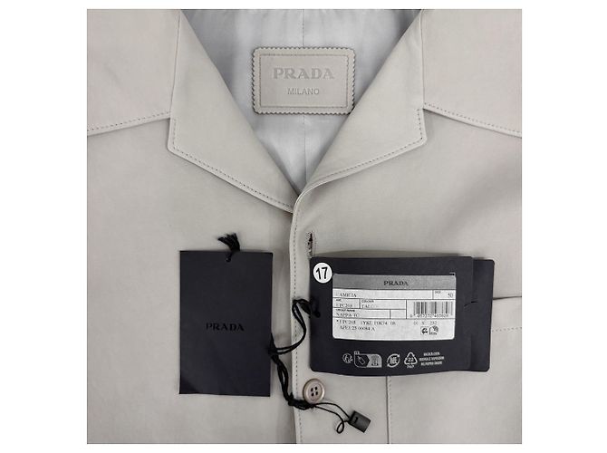 Prada Men's Napa Leather Triangular Logo Lambskin Short Sleeve Shirt Jacket Beige Brown - view 10