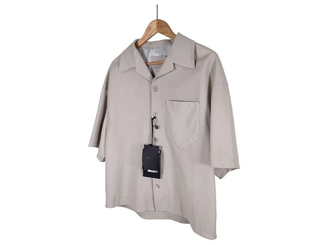 Prada Men's Napa Leather Triangular Logo Lambskin Short Sleeve Shirt Jacket Beige Brown - view 2