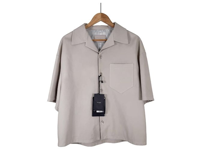 Prada Men's Napa Leather Triangular Logo Lambskin Short Sleeve Shirt Jacket Beige Brown - view 3