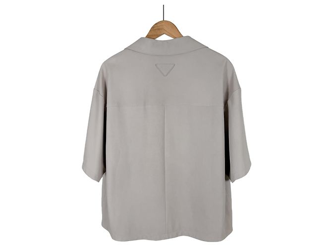 Prada Men's Napa Leather Triangular Logo Lambskin Short Sleeve Shirt Jacket Beige Brown - view 4