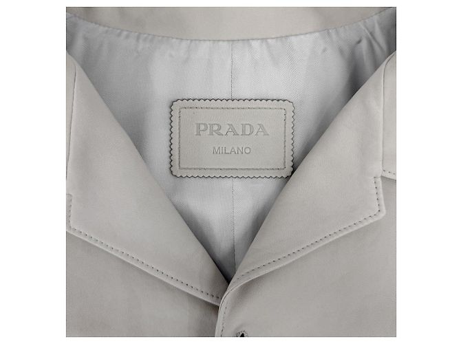 Prada Men's Napa Leather Triangular Logo Lambskin Short Sleeve Shirt Jacket Beige Brown - view 5