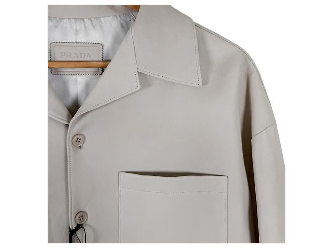 Prada Men's Napa Leather Triangular Logo Lambskin Short Sleeve Shirt Jacket Beige Brown - view 6
