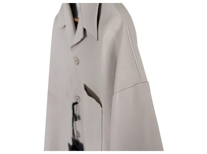 Prada Men's Napa Leather Triangular Logo Lambskin Short Sleeve Shirt Jacket Beige Brown - view 8