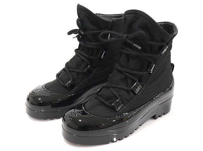 Chanel Stivali da neve con lacci da donna in nylon lucido nero con piattaforma - vista 3