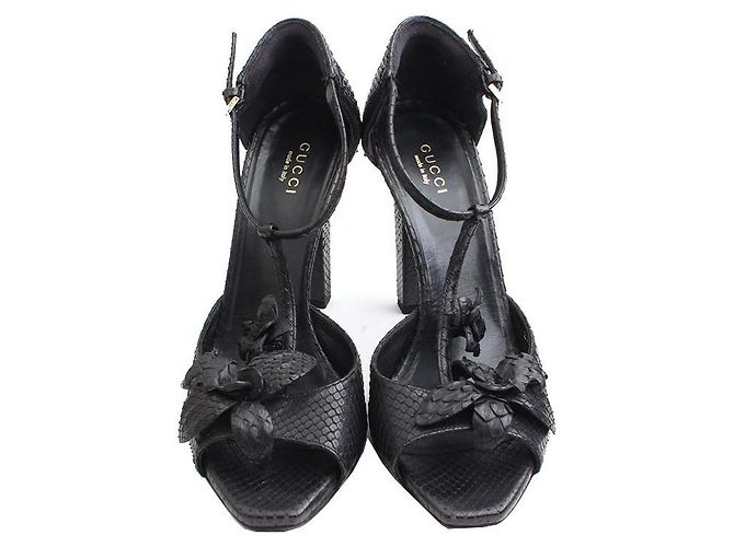 Gucci Black Python T-Strap Shoes - view 2