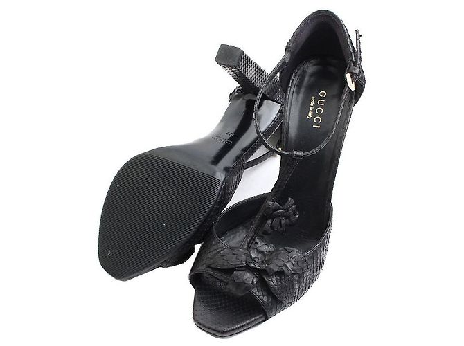 Gucci Black Python T-Strap Shoes - view 3