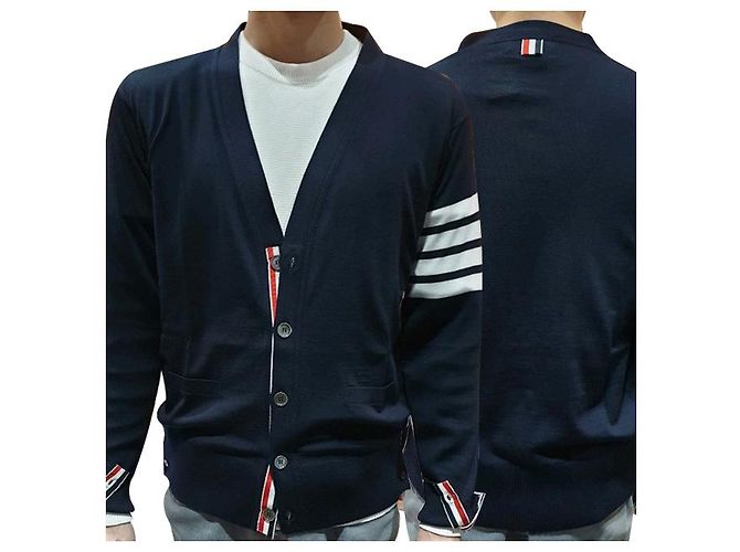 Thom Browne Cardigan in lana merino a righe diagonali blu navy - vista 11