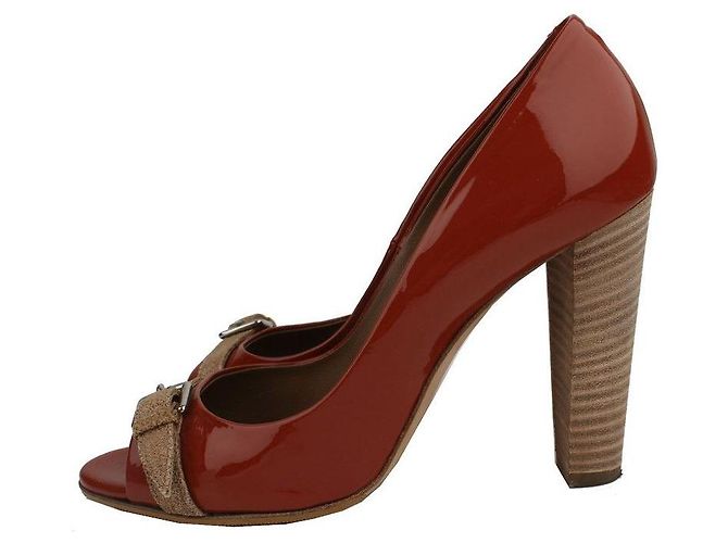 Hermès Décolleté aperti in vernice marrone rosso - vista 3