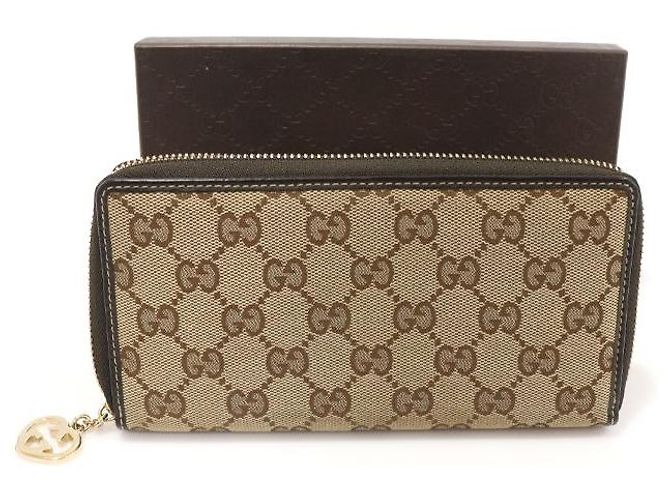 Gucci GG Logo Jacquard Brown Leather Heart Charm Zip Long Wallet Marrone - vista 2