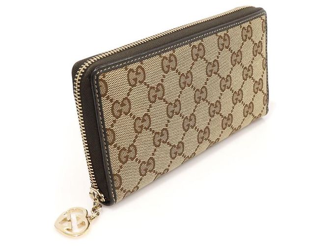 Gucci GG Logo Jacquard Brown Leather Heart Charm Zip Long Wallet Marrone - vista 3