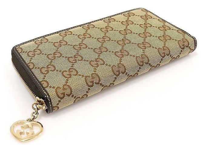 Gucci GG Logo Jacquard Brown Leather Heart Charm Zip Long Wallet Marrone - vista 4